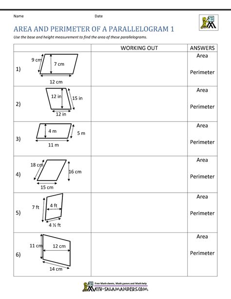 Area Of A Parallelogram Worksheet - Printable Word Searches