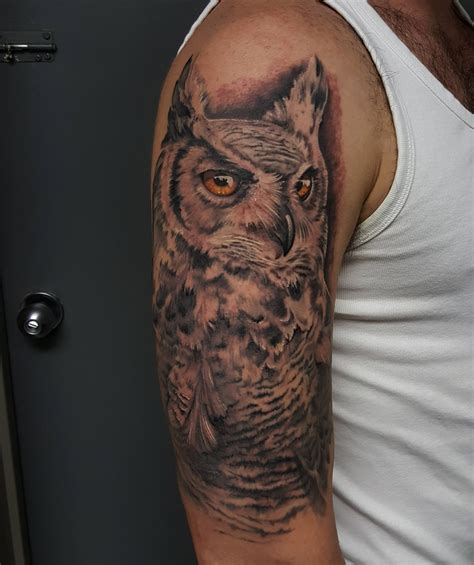 Great horned owl by me, Logan Bramlett, Wanderlust Tattoo Society Akron Ohio : tattoos