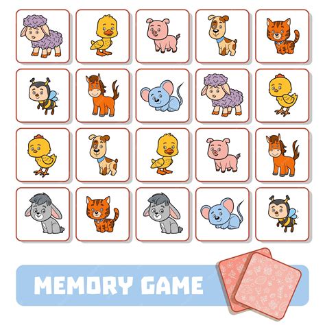 Juego de memoria para niños en edad preescolar, tarjetas vectoriales con animales de granja ...