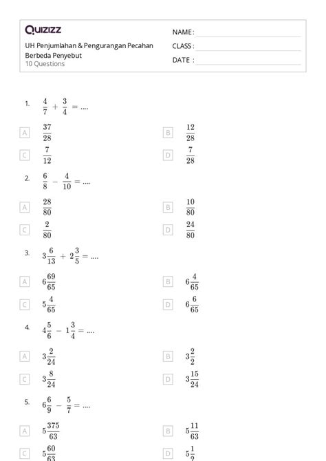 50+ lembar kerja Menjumlahkan Pecahan dengan Penyebut Berbeda untuk Kelas 5 di Quizizz | Gratis ...