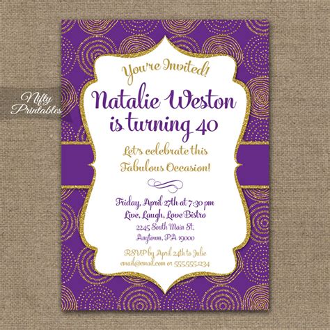 Purple & Gold Birthday Invitations - Nifty Printables