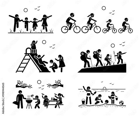 Family outdoor recreational activities. Stick figure pictogram depicts family in the park ...