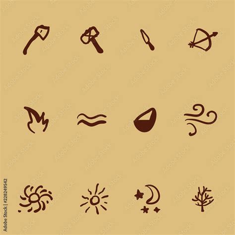 Vector Set of Icons in Cave Drawings Style. Tools and Nature Elements. Stock Vector | Adobe Stock