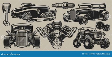 Set of Vector Classic Cars and Parts Illustrations in Vintage Style Stock Vector - Illustration ...