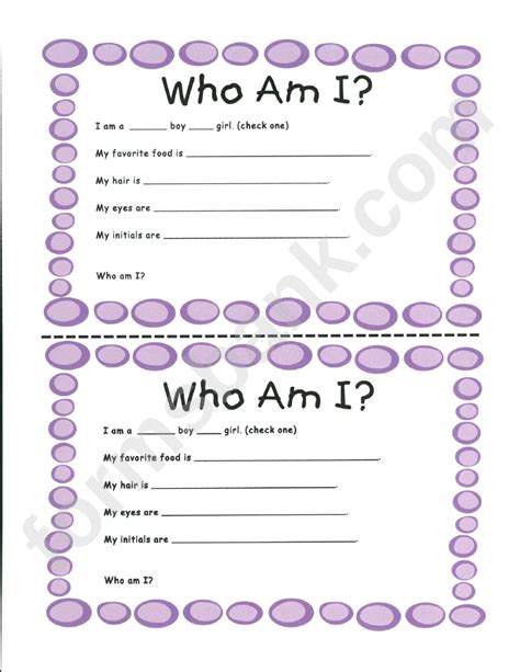 Who Am I Questionnaire Template - 2 Per Page With Purple Border ...