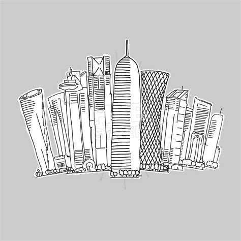 Doha Qatar skyline drawing. Hand-drawn vector illustration. Famous ...