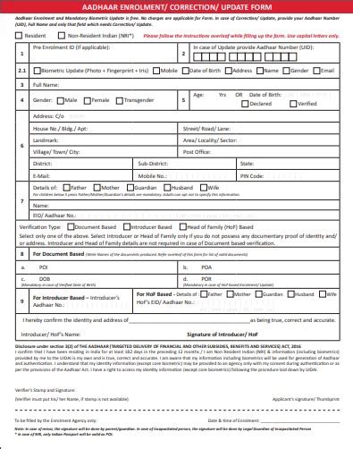 Aadhaar Enrollment Form- Enrollment, Correction, Update