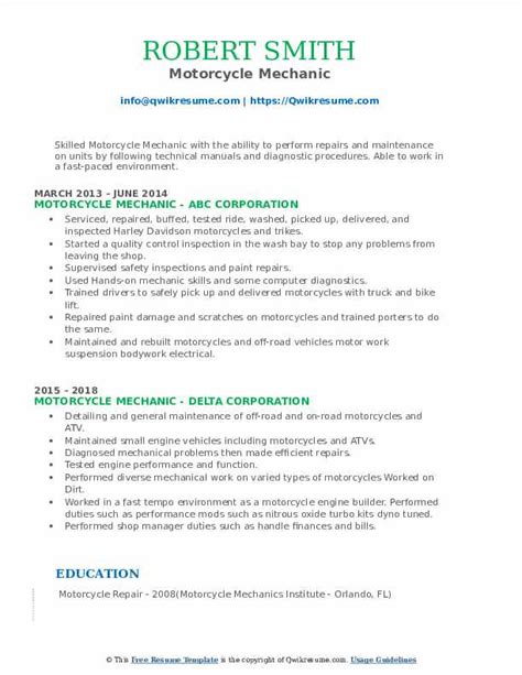 Motorcycle Mechanic Resume Samples | QwikResume