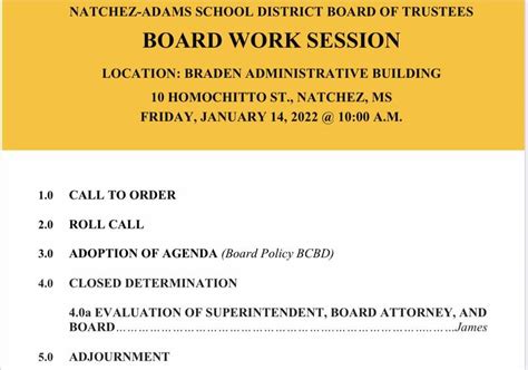 Natchez-Adams School District Board of Trustees Board Work Session | Natchez-Adams School District