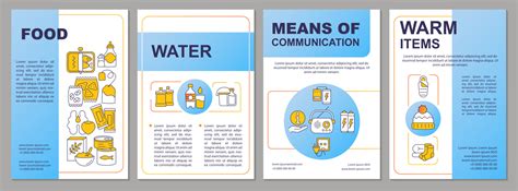 Supplies for surviving war blue brochure template. Wilderness survival. Leaflet design with ...