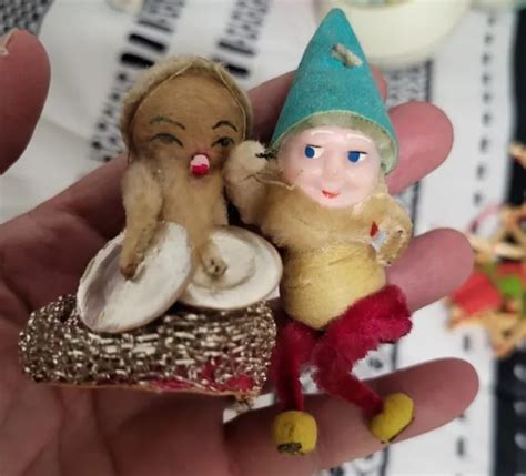 2 VINTAGE PUTZ Chenille Spun Cotton ELF Gnome Dwarf Snowman Christmas Japan 2-3" $7.99 - PicClick