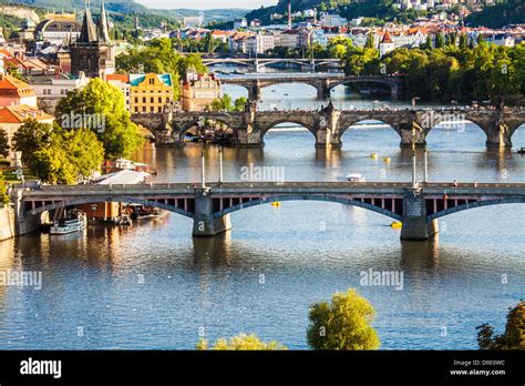 View of Prague and bridges over river Vltava (Moldau) Czech Republic. Famous Charles Bridge is ...