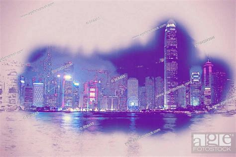 Hong Kong Island with scyscrapes illuminated by night, viewed from Kowloon, Hong Kong, China ...