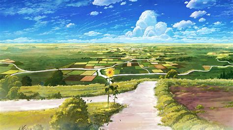 Greenery Farm Village Path White Clouds Blue Sky Anime Background HD ...