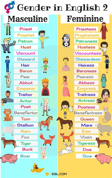 Gender of Nouns: Useful Masculine and Feminine List • 7ESL | Gender in english, Learn english ...