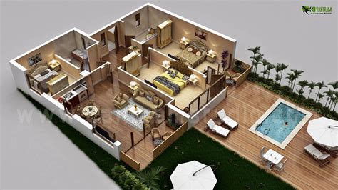 Traditional Residential House 3D Floor Plan Design with Swimming Pool ...