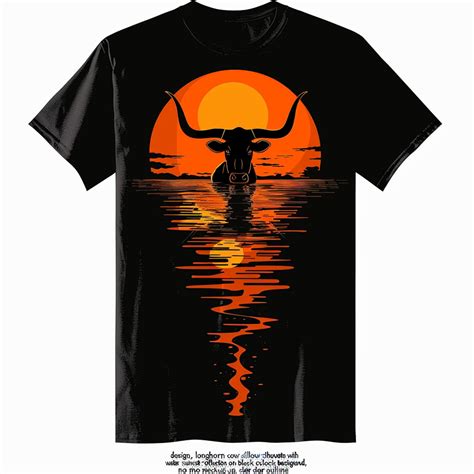 Stylish Longhorn Cow Sunset Reflection Black Tee Unique Design for ...