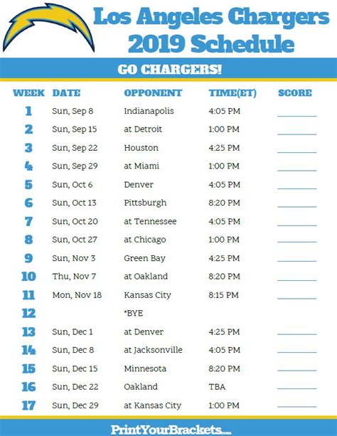 Printable Los Angeles Chargers Schedule - 2019 Season | Los angeles ...