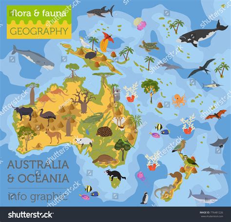 Australia Oceania Flora Fauna Map Flat Stock Vector (Royalty Free ...