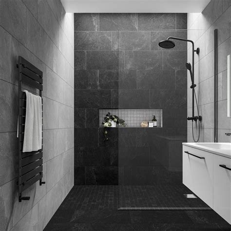 Slate Rock Black 300x600 | Tile Giant Black Tile Bathrooms, Bathroom ...