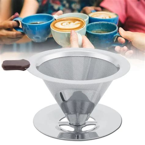 Stainless Steel Coffee Filter Reusable Double Layer Brew Dripper with Cup Stand Coffee Filter ...