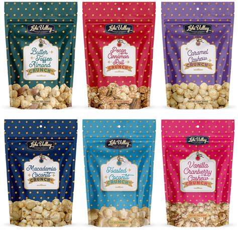 Our gourmet popcorn flavors shown in their bags