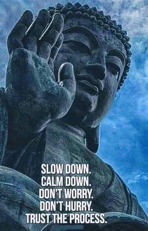 a buddha statue with the words slow down calm down don't worry trust ...