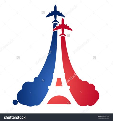 Logo as a tourist flying aircraft, with a silhouette of the Eiffel tower and the symbolism of ...