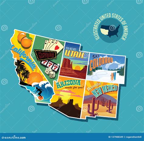 Illustrated Pictorial Map of Southwest United States. Stock Vector - Illustration of california ...