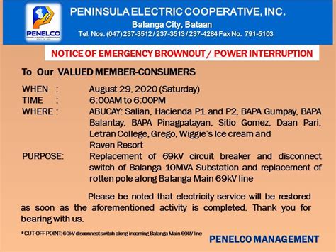 Power Interruption - Municipality of Abucay - August 29, 2020 - PENELCO ...