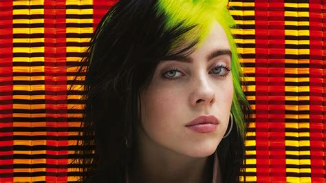 Billie Eilish With Ash Eyes And Green Hair In Red And Yellow Strips ...