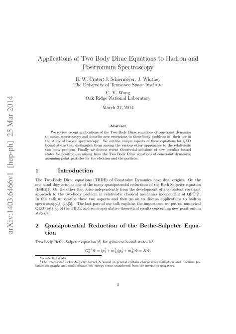 (PDF) Applications of Two Body Dirac Equations to Hadron and Positronium Spectroscopy