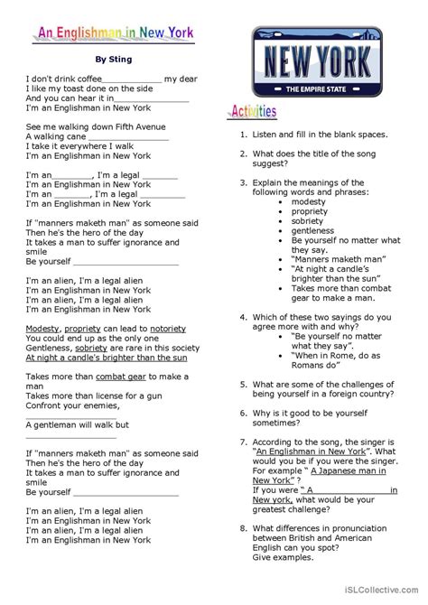 Song An Englishman in New York…: English ESL worksheets pdf & doc