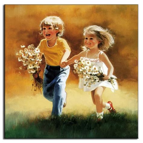 Figure Painting Little Boy and Girl Holding Flowers in Hand Oil Painting Print On Canvas Wall ...