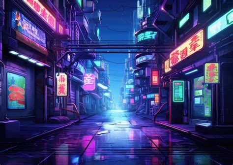 Premium AI Image | An anime background set in a futuristic cyberpunk alleyway with flickering ...