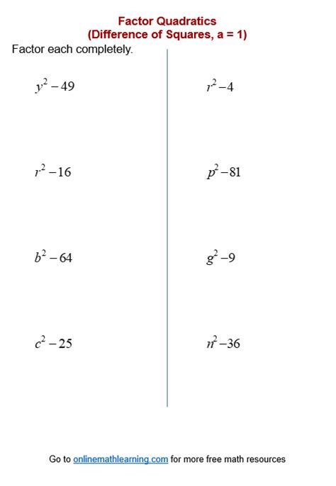 Difference of Squares Worksheets (printable, online, answers, examples)