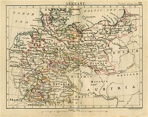 Antique Map of Germany, miniature map circa 1887