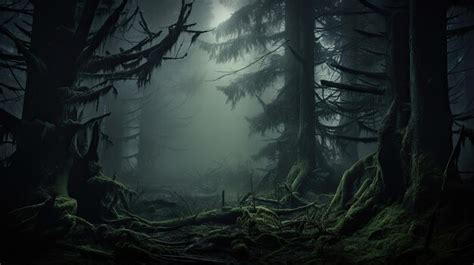 Premium AI Image | A photo of a forest with swirling fog towering trees