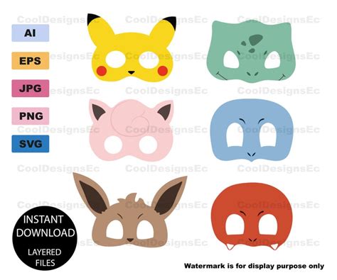 Pokemon Masks SVG Pikachu Eevee Charmander Bulbasaur Instant | Etsy