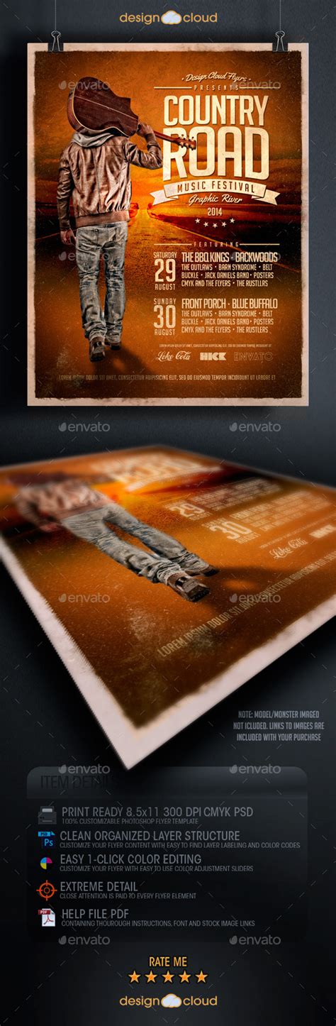 Country Road Music Festival Poster Flyer Template by Design-Cloud | GraphicRiver