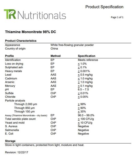 Thiamine Mononitrate 98% DC | Natural Product by TR Nutritionals