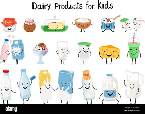 Dairy products for kids. Kid dairy snacking, kawaii organic yogurt and milk, yummy butter and ...