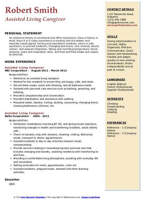 Assisted Living Caregiver Resume Samples | QwikResume