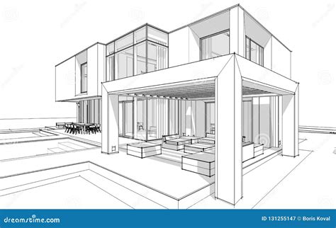 3d Rendering Sketch of Modern House Black Line on White Background ...