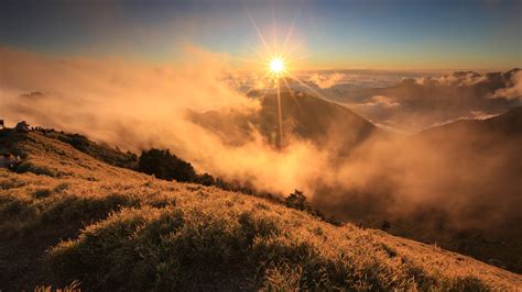 Morning sunrise landscape, clouds, mountain, grass wallpaper | nature ...