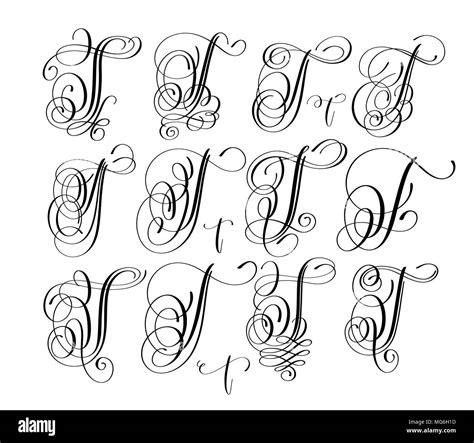 calligraphy lettering script font T set, hand written Stock Vector ...