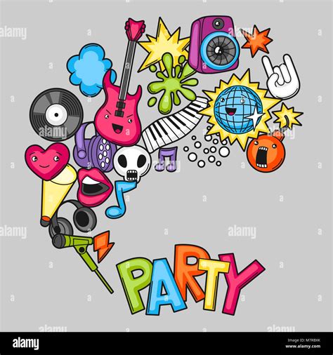 Music party kawaii background. Musical instruments, symbols and objects in cartoon style Stock ...