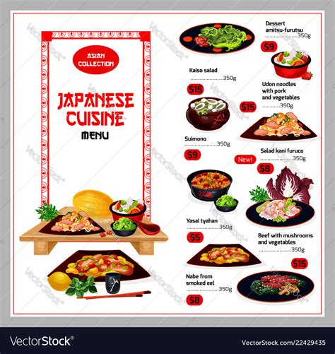 Japanese cuisine traditional dishes menu Vector Image