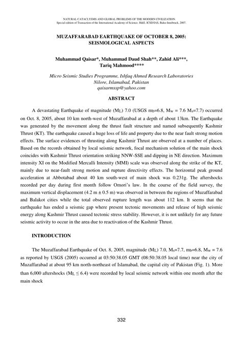 (PDF) MUZAFFARABAD EARTHQUAKE OF OCTOBER 8, 2005: SEISMOLOGICAL ASPECTS