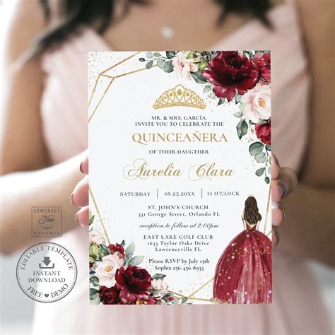 Burgundy Blush Floral Quinceañera Invitation Mis Quince 15 Anos Birthd – Lollipop Party Supplies ...